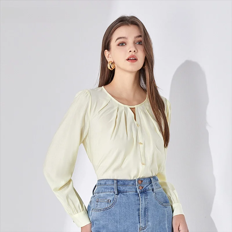 

Dailanzhi Autumn New Loose Long Sve irts Overhead Sle Base Layer Blouse Korean Commute round Ne Button Detail irt