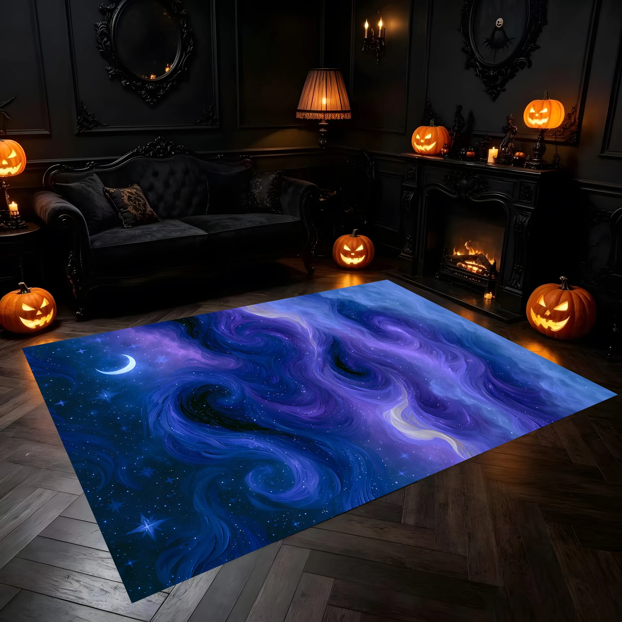 Velvet Rug Purple Blue Flowing Nebula Crescent Moon Starry Sky for Bedroom Living Room Home Decor
