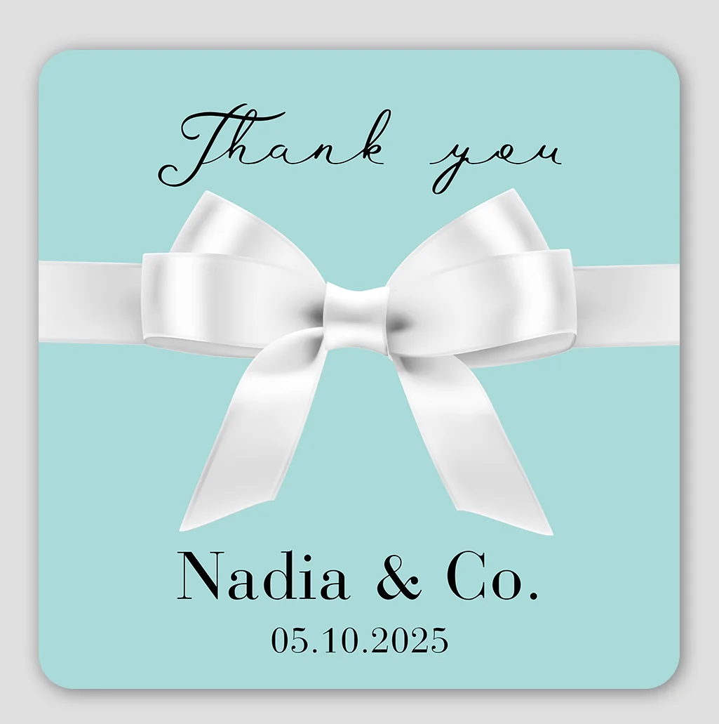 Bride and co-stickers, round/square, turquoise and large white bow stickers, personalized, personalized, blue, sticks labels