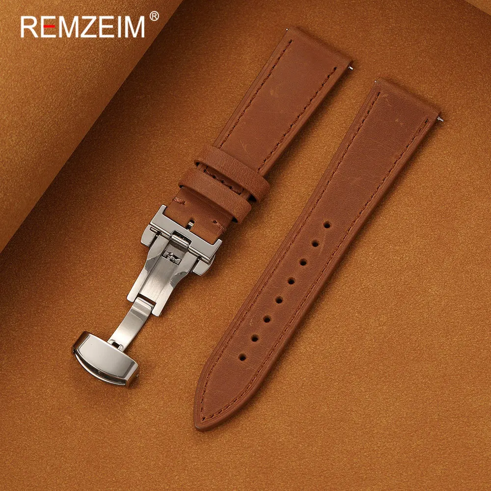 Schnellverschluss-Federsteg Herren Crazy Horse Leder Uhrenarmband mit Butterfly-Schließe 18mm 20mm 22mm Modisches Komfortables Armband