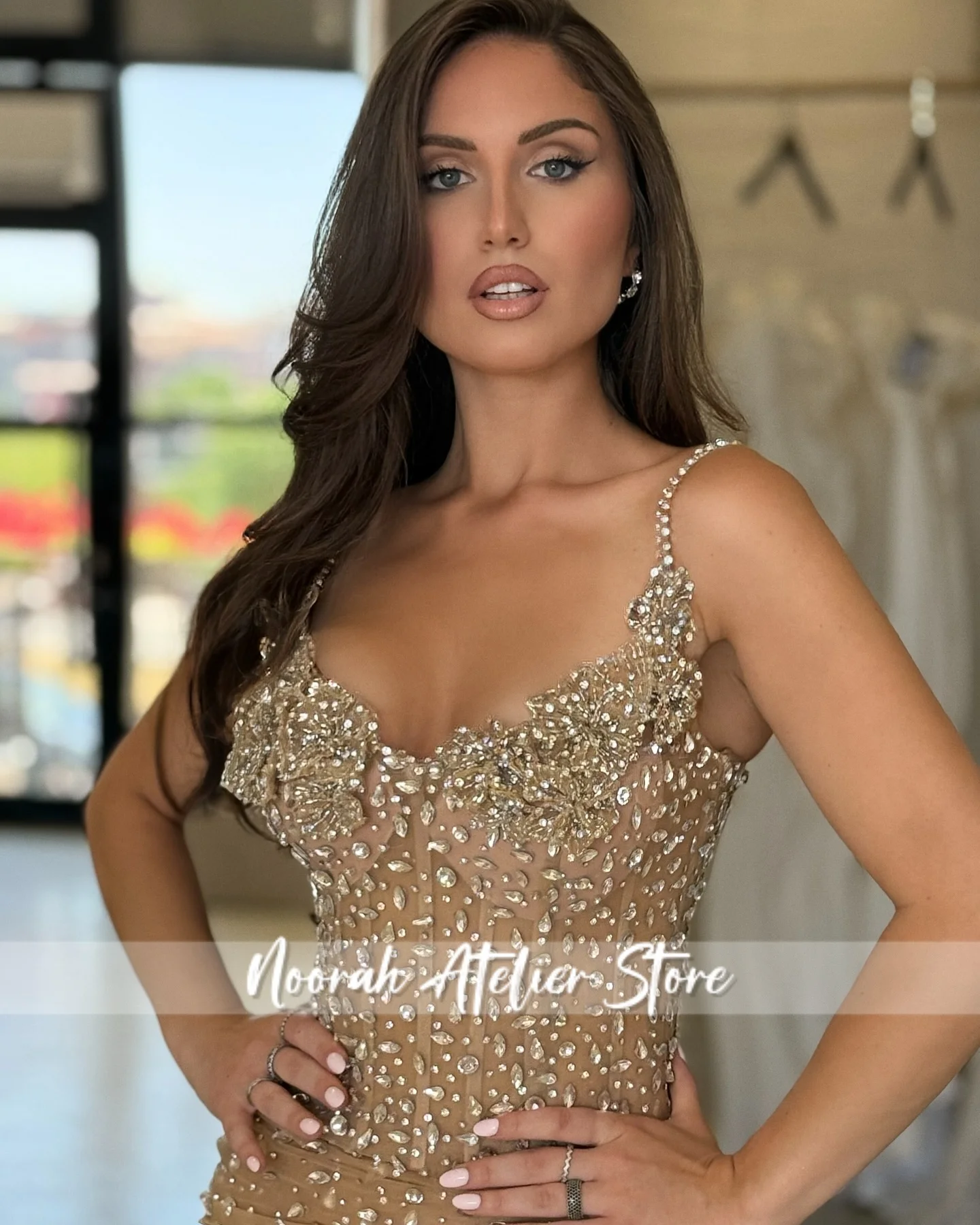 New Sexy Champagne Halter Beaded Luxury Evening Dresses 2025 With Half Sleeves Dubai Mermaid Party Gown Prom Dress Customize