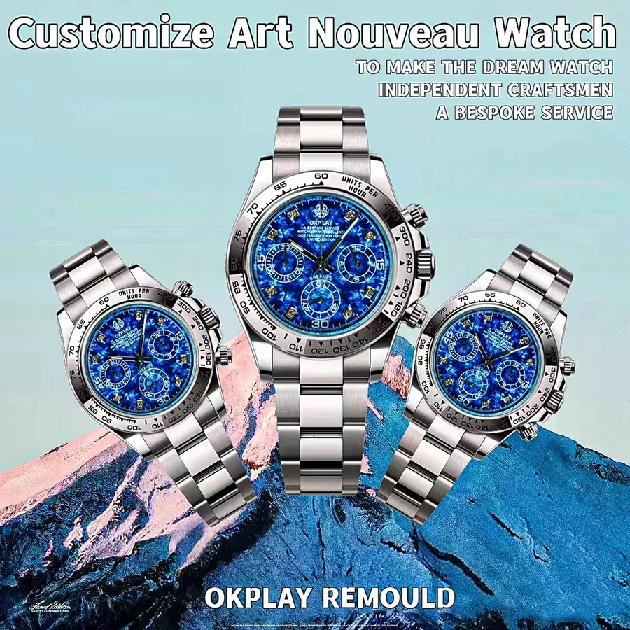 

OKPLAY Men Chronograph Watch 39.5mm Modified Customized Quartz Wristwatch Sapphire 100M Waterproof