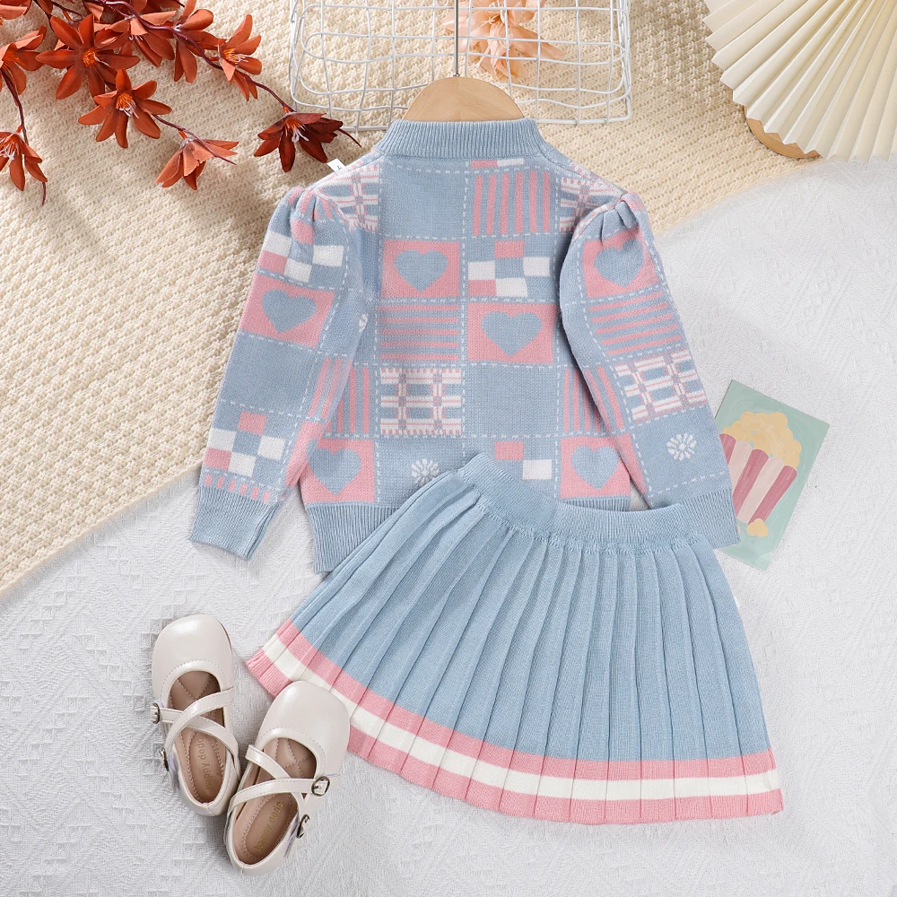 Bear Leader Girls Sweater Sets 2023 Autumn/Winter Knit Set Girls Geometric Printed Knit Top+Striped Pleated Skirt Two Piece Set