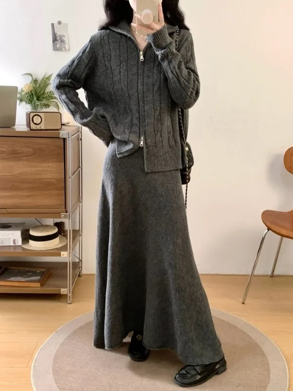 Großes Herbst-Winter-Set aus Strickpullover und Rock, zweiteiliges Ensemble, grob gestrickte Kleidung im koreanischen Stil für den Alltag.