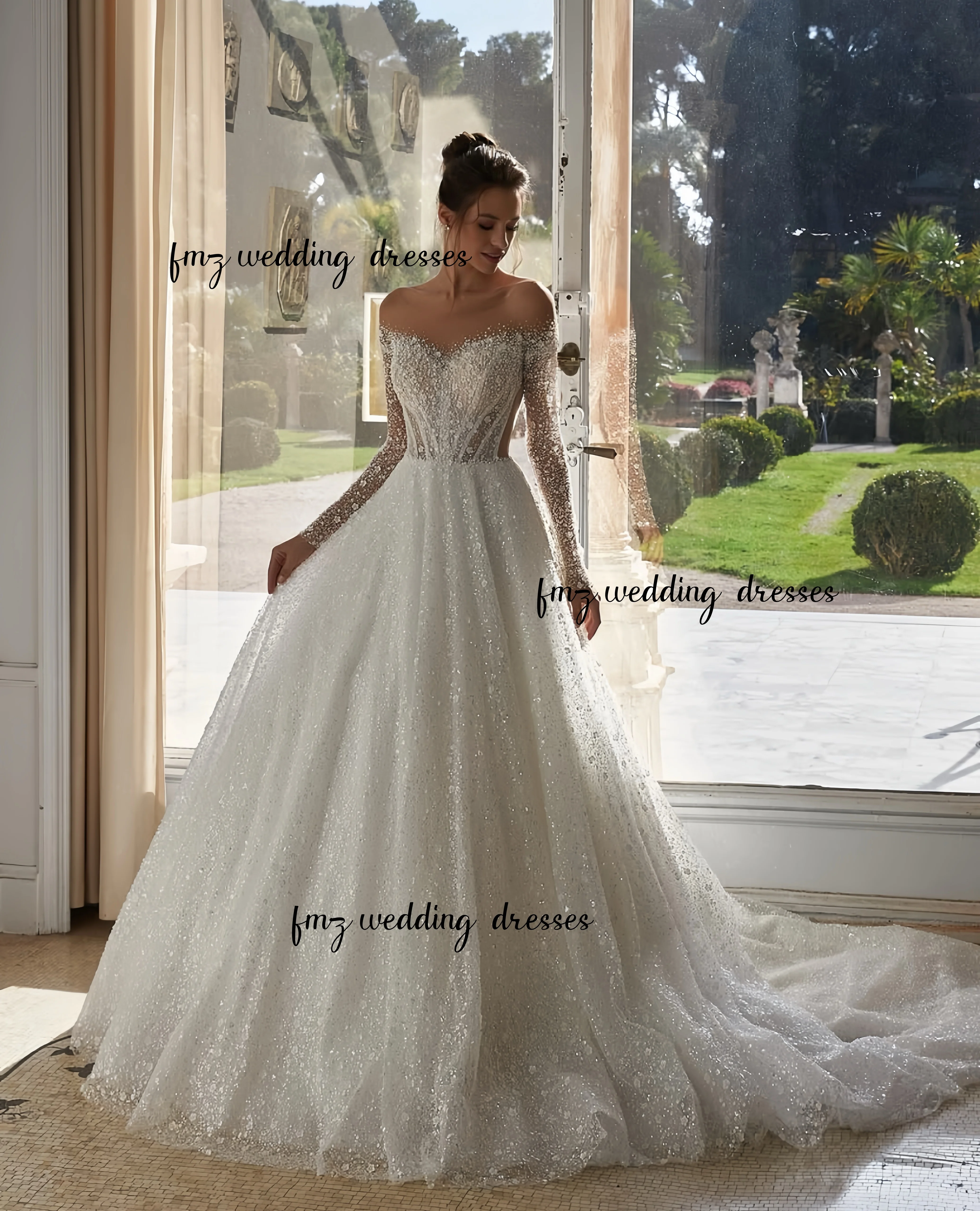 Vestido de novia lujoso brillante de manga larga con cuello de cuchara personalizado Estidos de novia amanda novias amanda novias oficial