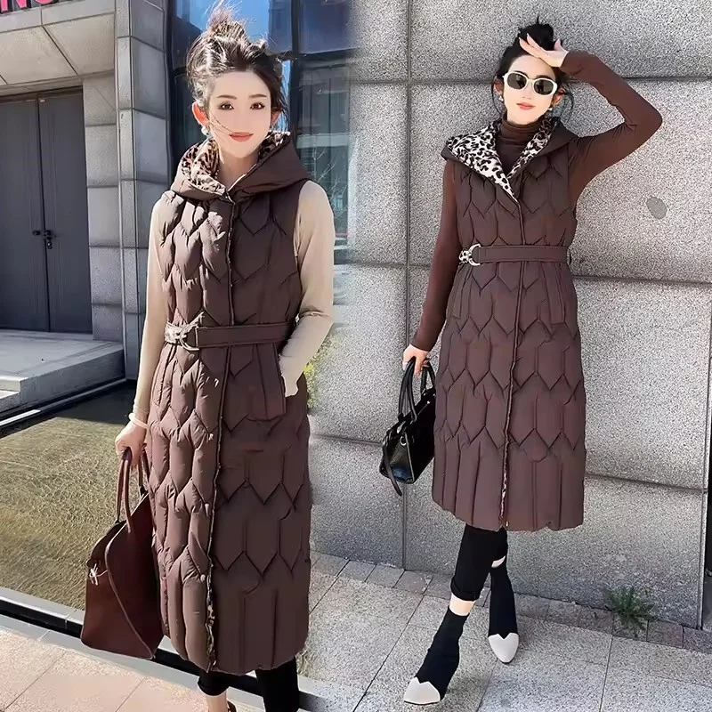 جديد الخريف الشتاء طويل أسفل القطن سترة المرأة ملابس خارجية الكورية فضفاض ليوبارد طباعة سترة دون أكمام سترة معطف صدرية الإناث #4