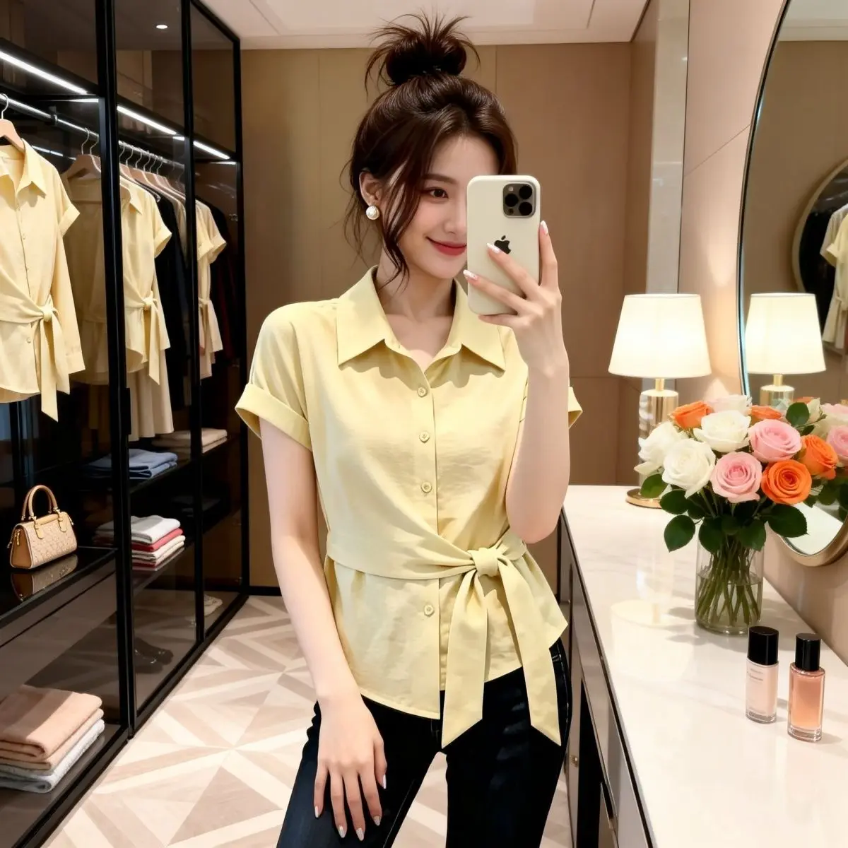 

Summer New Korean Style Fashionable Shirt Women's Design Sense Small Versatile Elegant Meat Covering Top Waist Inward Tie
