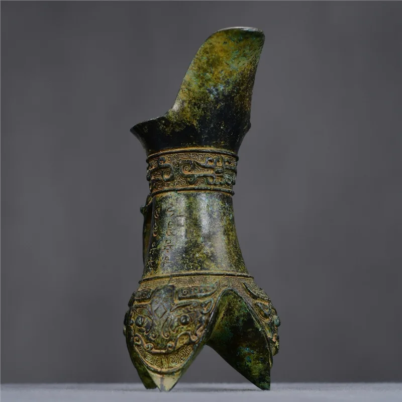 Three-Legged Beast Face Pattern Goblet Ancient Bronze Ware Jue Cup Vessel Wine Jar Antique Collection Gift Craft Ornament E