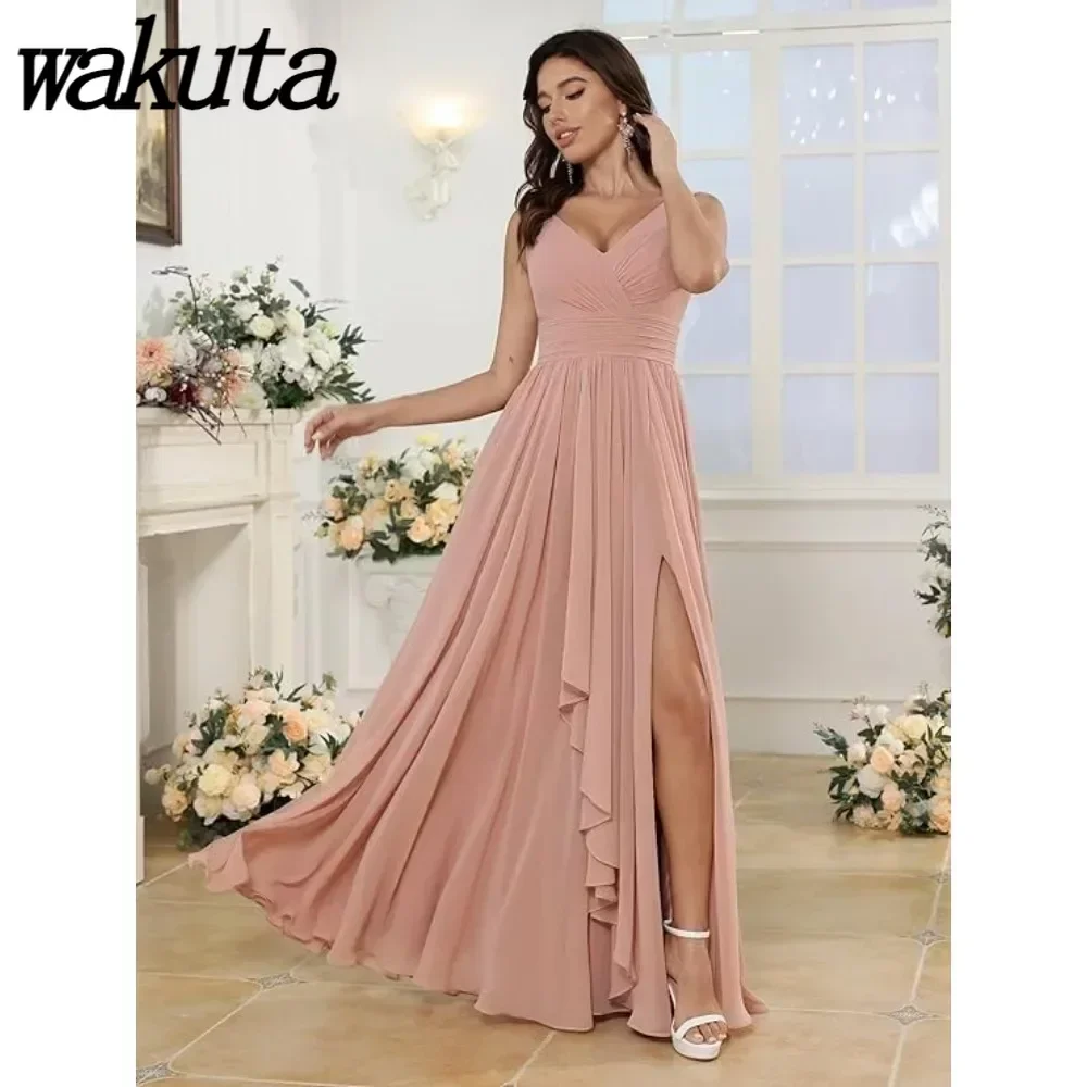 Wakuta-vestidos de dama de honor de gasa con cuello en V para mujer, vestidos largos con bolsillos, volantes, línea A, vestidos formales con abertura