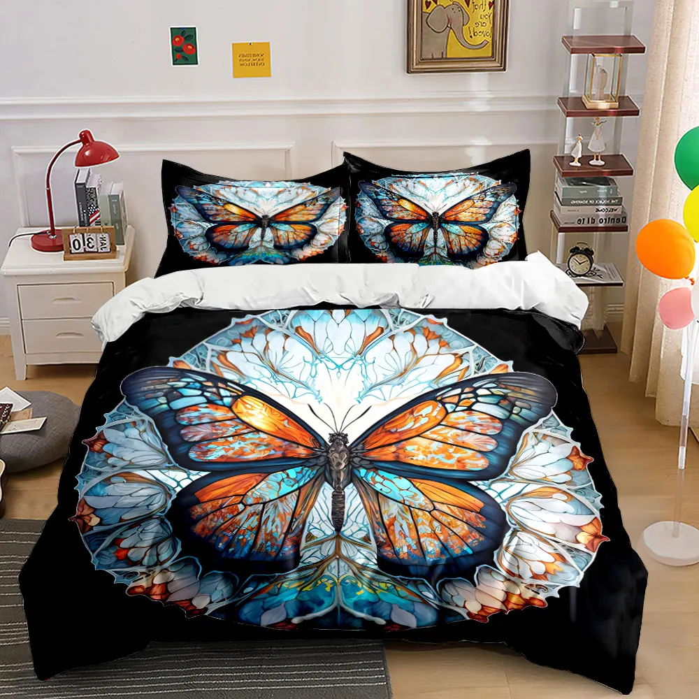 

3Pcs Stained Glass Butterfly Mandala Duvet Cover Set, Symmetric Floral Window Art Bedding Single Double King Queen, Gift