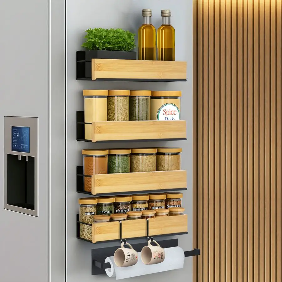 

4 Pack Magnetic Spice Rack for Refrigerator Strong Magnetic Shelf for Fridge, 4 Large Spice Organizers, Paper Towel Holder amp 8
