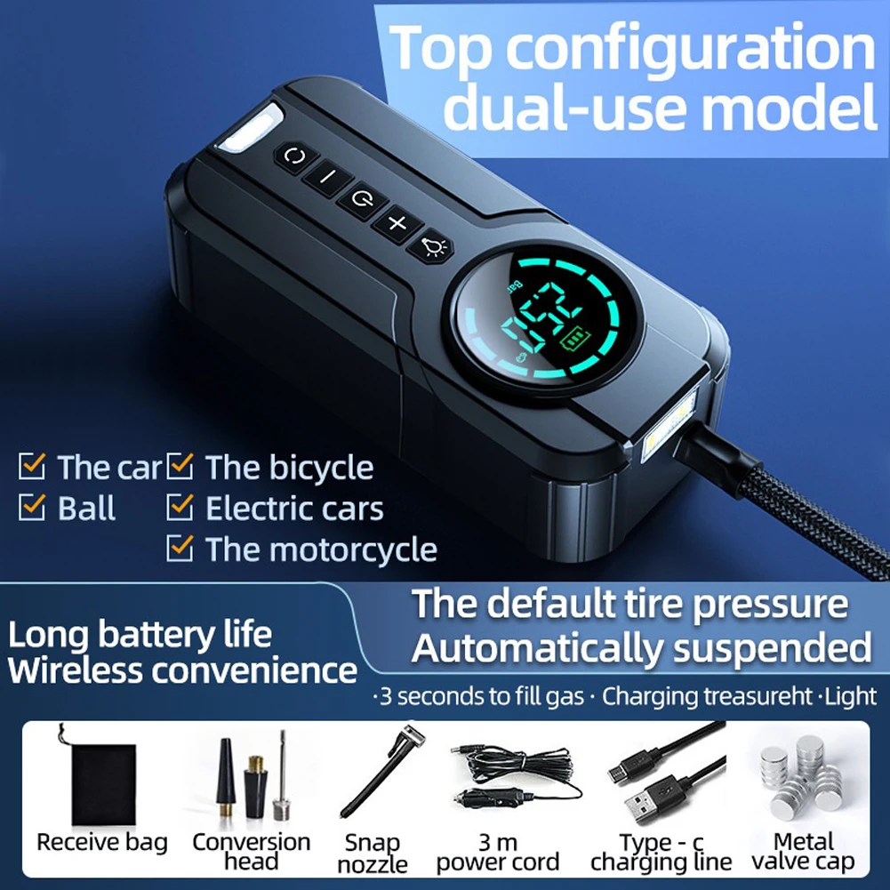 Portable Car Air Compressor 12V 100W Electric Tire Inflator LCD Display Rechargeable Air Pump Digital Cordless Car Tyre Inflator