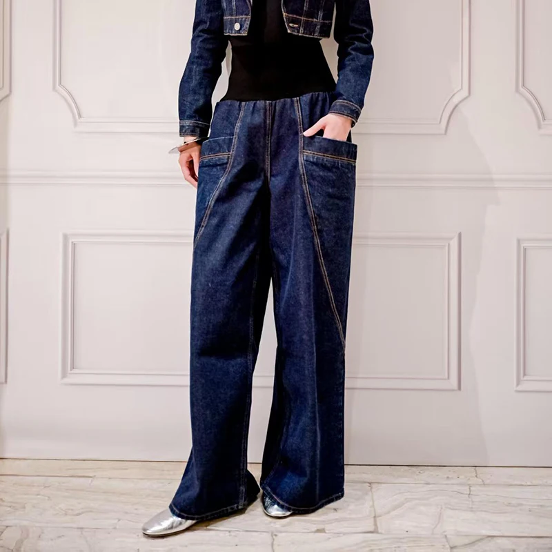 Women's knitted waistband high-waisted jeans, fashion casual wide-leg trousers, high quality pass trousers, 2026, new, y2k