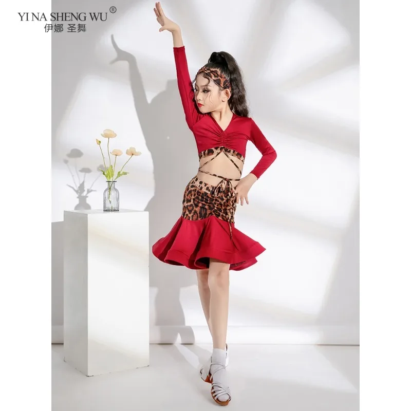 قاعة الرقص ليوبارد طباعة التانغو اللاتينية أزياء مسرحية للفتيات تشا تشا رومبا تنورة علوية للأطفال ممارسة الأطفال Dancewear #5