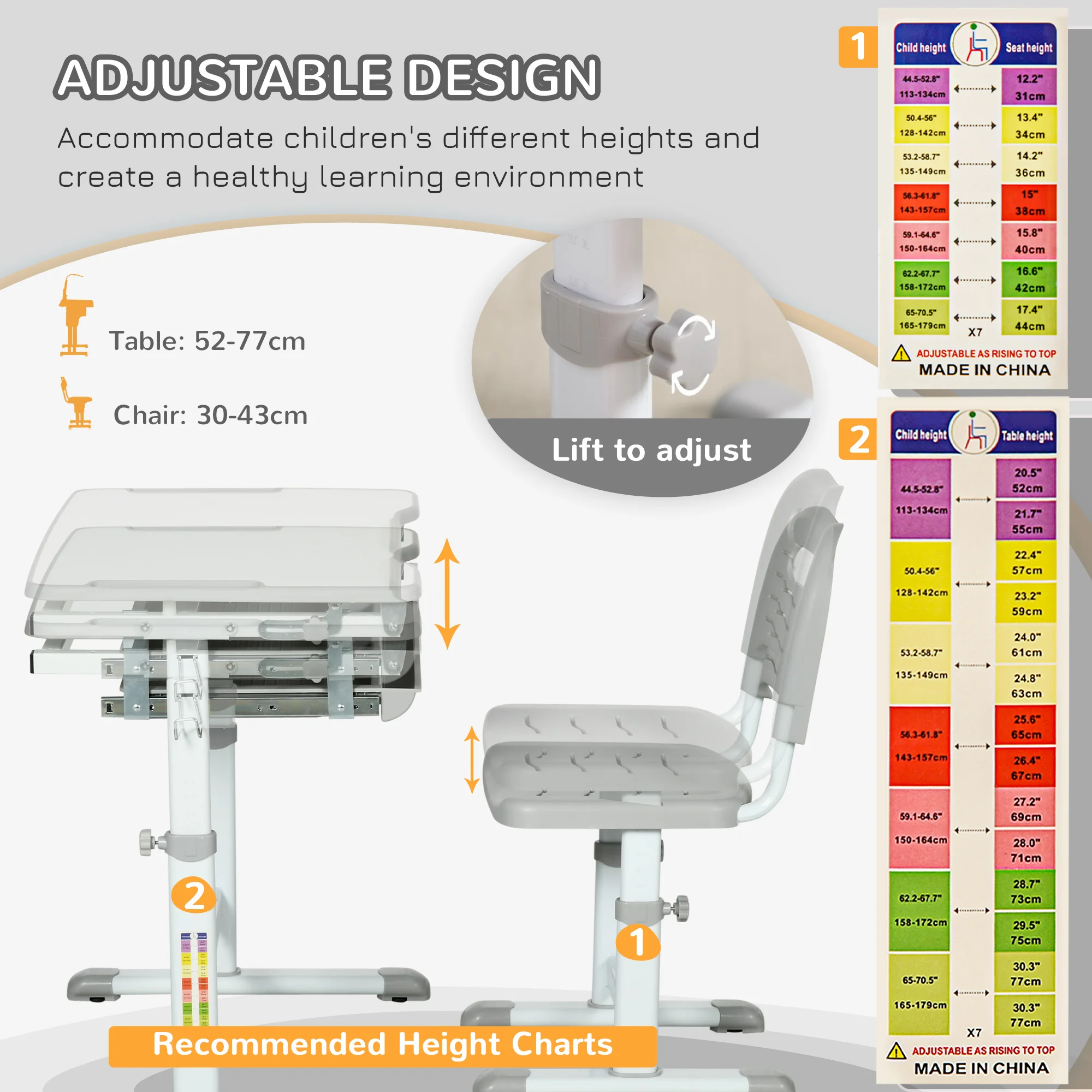 HOMCOM Kids Desk and Chair Set Height Adjustable Student Writing Desk Grey