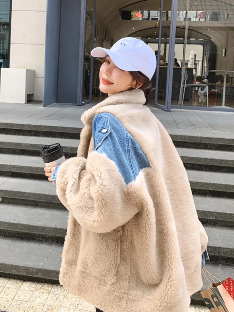 Patchwork Denim Lamb Wool Jacket For Women\'s Winter Plush Thickening Woman Coat Women Coat Winter Women\'s Cold Coat Coats Down