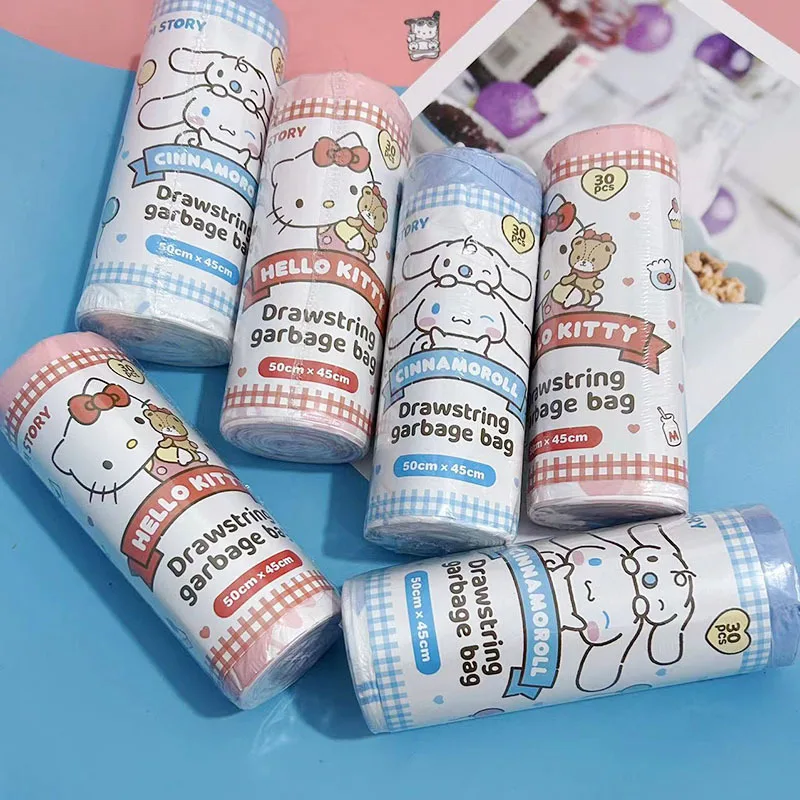 

30 шт./рулон мультфильм Китти мешок для мусора с принтом на шнурке бытовая кухня портативный закрытый пластиковый пакет сумка для хранения креативный подарок