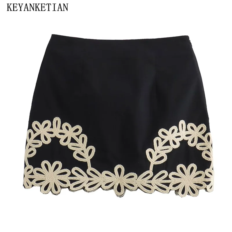 

KEYANKETIAN 2024 New Launch Holiday wind Applique Embroidery Decoration Mini Skirt Women's Side Zipper High waist A-line Skirt