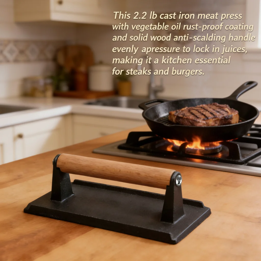 Prensa de carne de hierro fundido de 2.2 lb, peso para planchar hamburguesas con mango de madera, prensa para asar carne y tocino para cocina