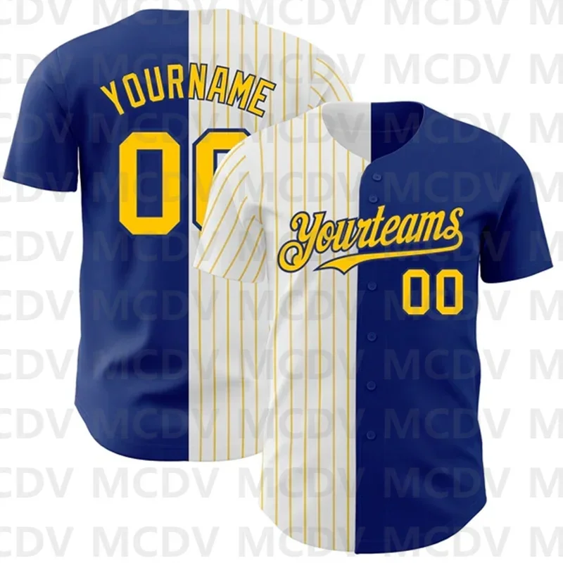 Custom Royal Yellow-Red Pinstripe Authentic Split Fashion Baseball Jersey 3D Printed Casual Team Shirts Unisex Tops