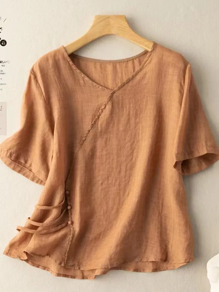 Women Summer Casual T-shirts New Arrival 2022 Vintage Style V-neck Solid Color Loose Female Short Sleeve Tops Tees B2004