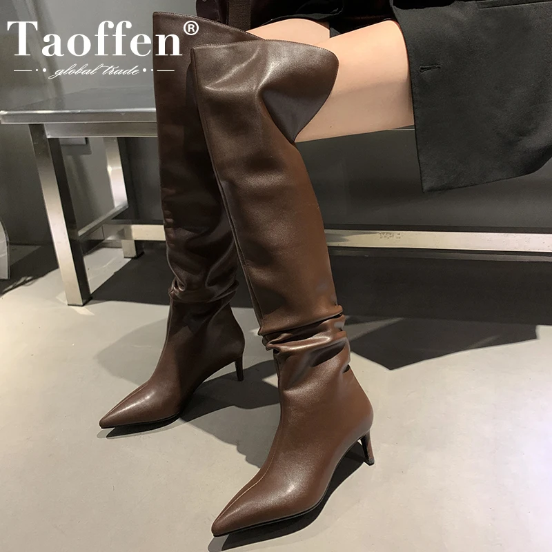 

Taoffen Genuine Leather Women Long Boots Thin High Heel Solid Over Knee Boots Fashion Women Winter Shoes Lady Boots Size 33-40