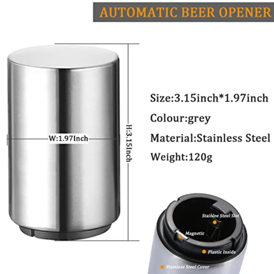 Premium Automatic Beer Bottle Opener Stainless Steel,No Damage to Caps, Portable Push Down and Pop Off Magnetic Cap Catcher, QU
