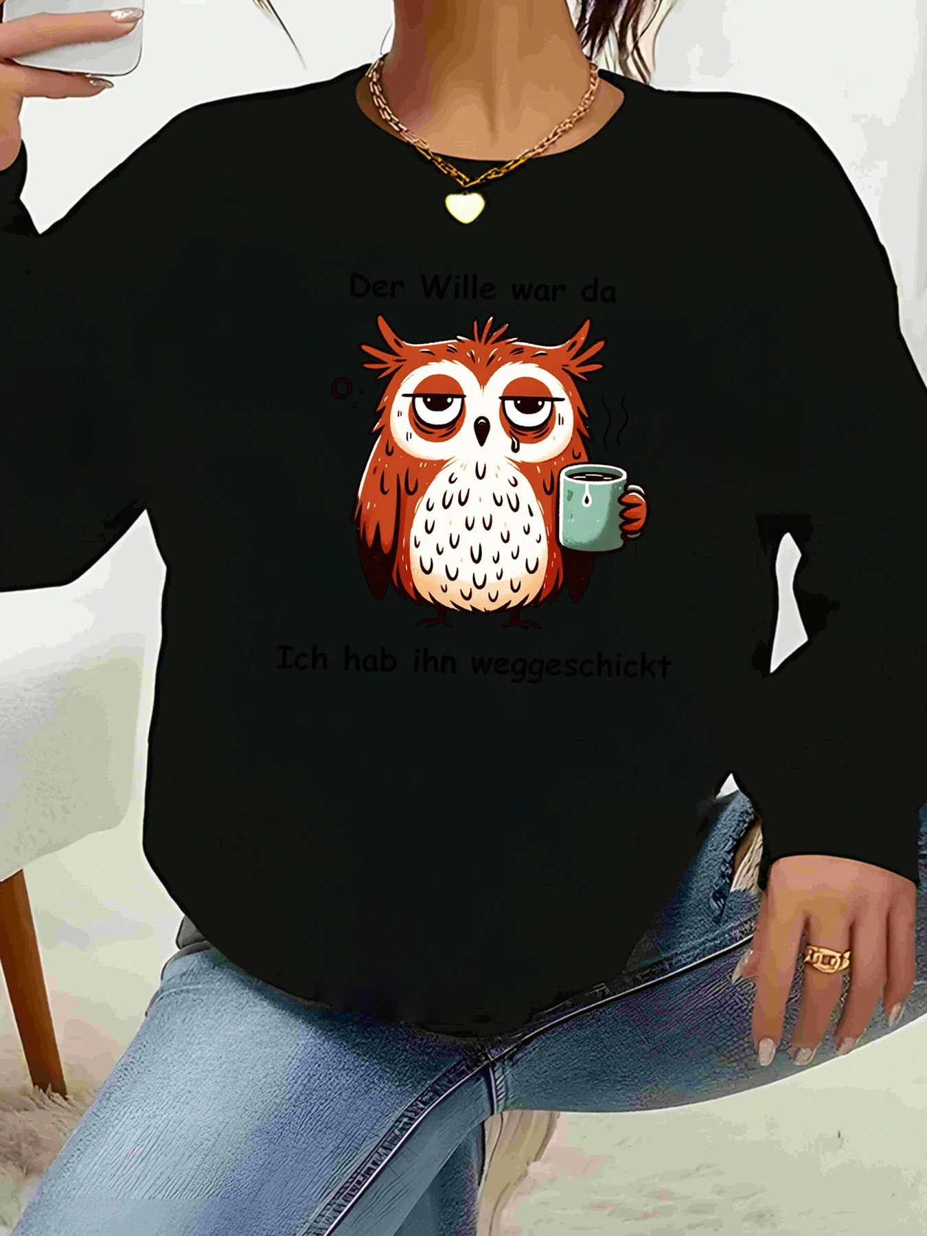 

Футболка с длинным рукавом и принтом «Сова с кофейной кружкой» на Хэллоуин, повседневная женская одежда