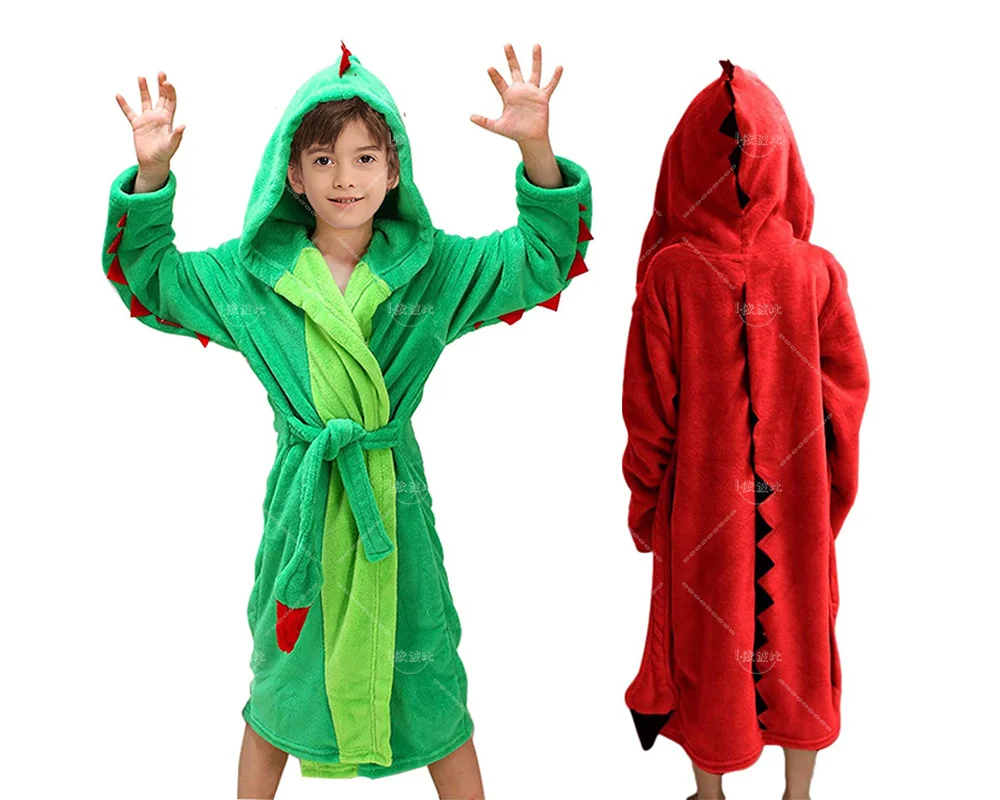 3-15 Years Girls and Boys Plush Hooded Bathrobe Dinosaur Wool Bathrobe