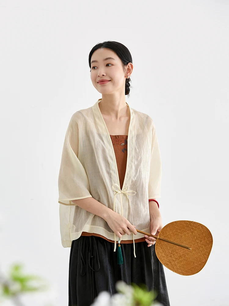 

Легкая шелковая верхняя одежда с защитой от УФ-излучения, оригинальный дизайн, вышивка с фениксом и пионами, однотонная, с V-образным вырезом, Seven...