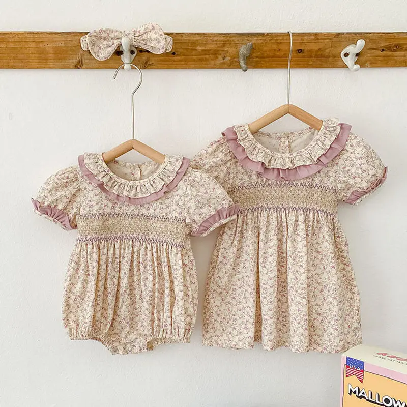 ‌2025 Korean Style Baby Girls Summer Dresses Floral Print Toddler Infant Romper Lace Princess Matching Sister Matching Outfits