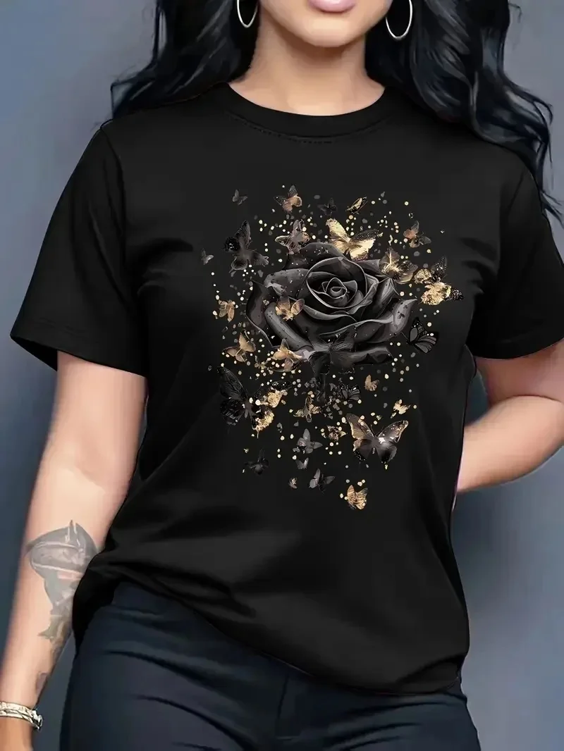 Kaos Wanita Kasual Motif Mawar Lengan Pendek Kerah Bulat Atasan Nyaman untuk di Rumah Cepat Kering