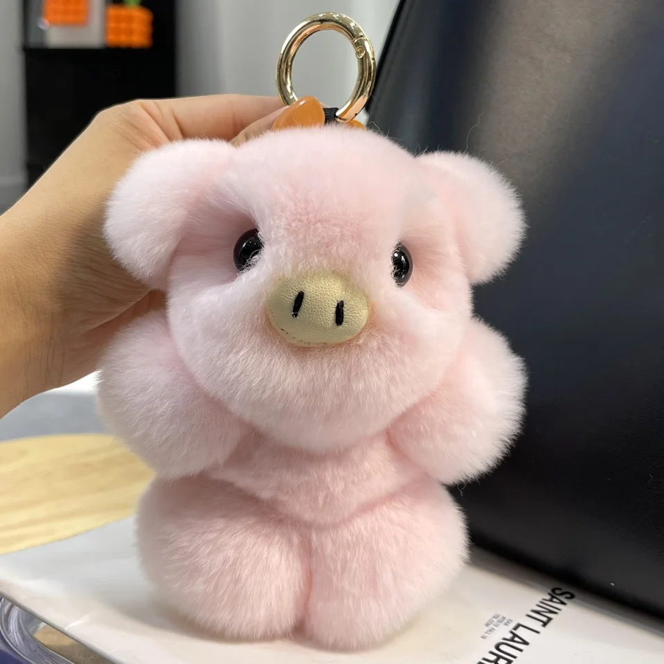 Piggy Fur Keychain For Bags Rex Rabbit Fur Piggy Keyring Plush Bag Charms Trinket Key Chain Rex Rabbit Fur Large Car Key Pendant