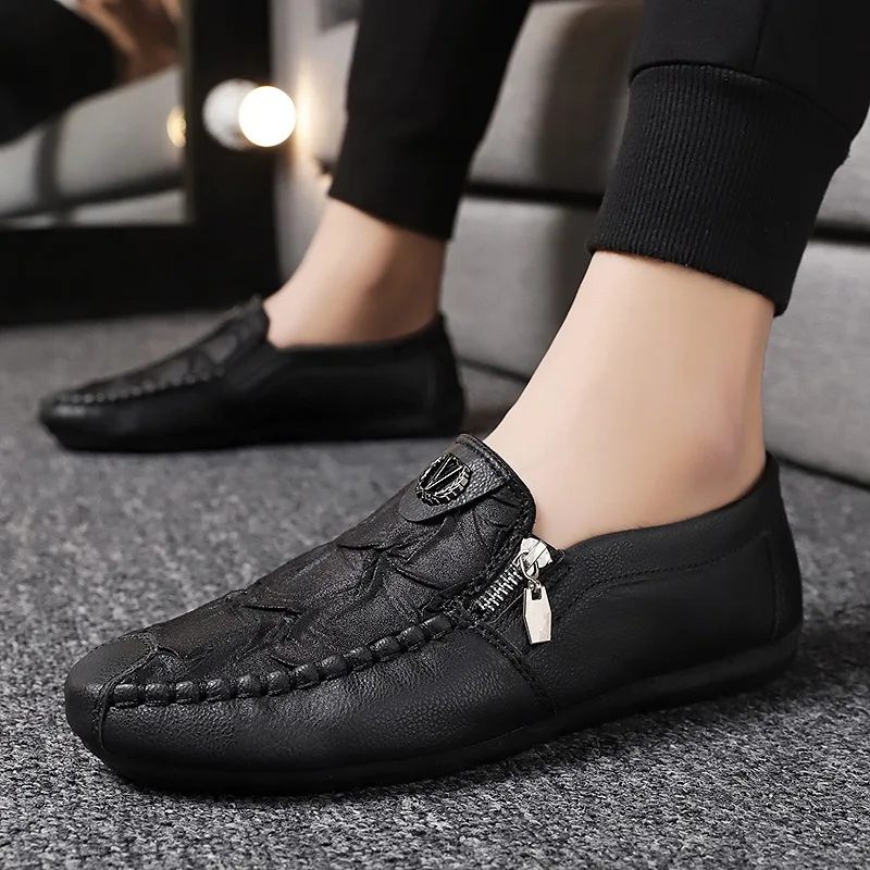 Buty Bean Shoes cztery sezony pojedyncze buty Retro zamek codzienny skórzane buty męskie buty jeden krok leniwe buty miękkie podeszwa buty do jazdy samochodem