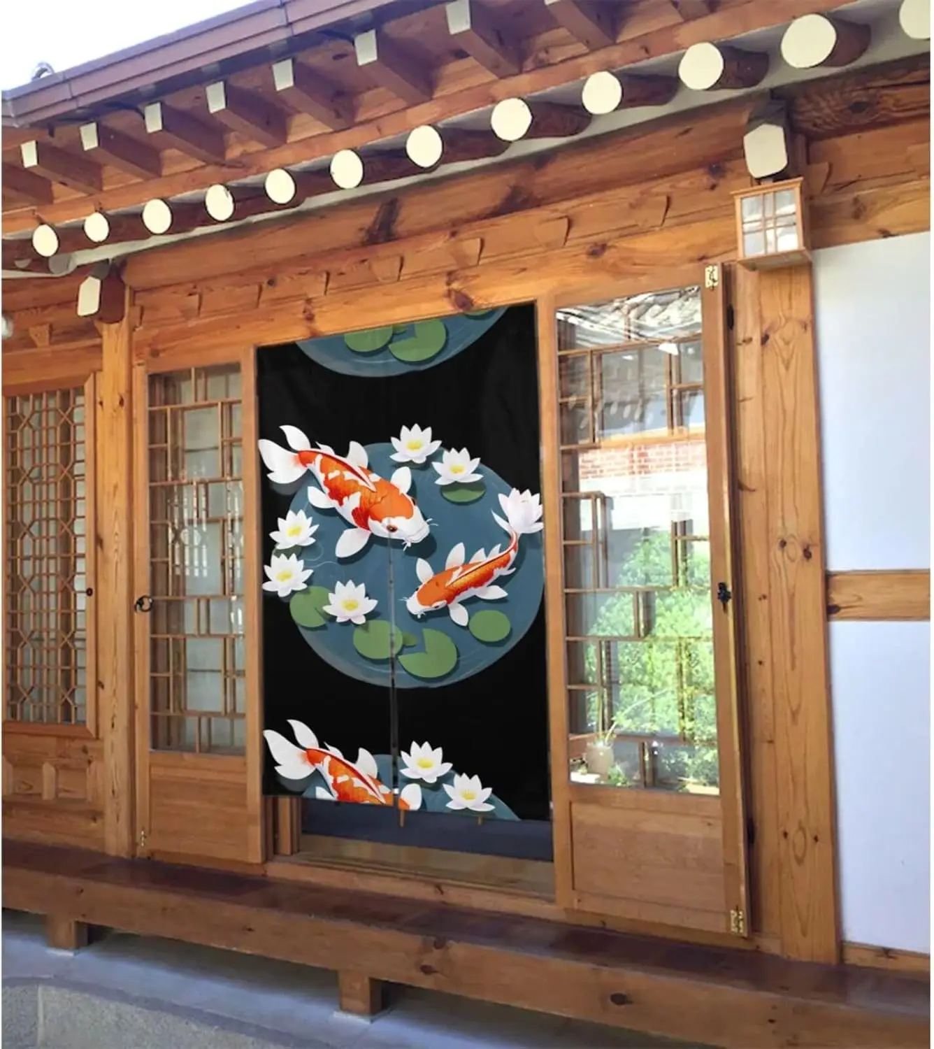 Tranquil Japanese Koi Curtain, Black Background Orange Koi & White Lotus Print For Entryway & Study, Auspicious Oriental Decor