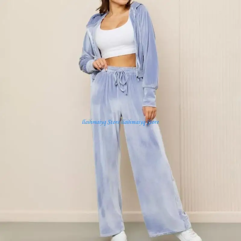 

573B Fashionable Women's Two Piece Set with Zippers Hoodie and Drawstring Joggers for Active