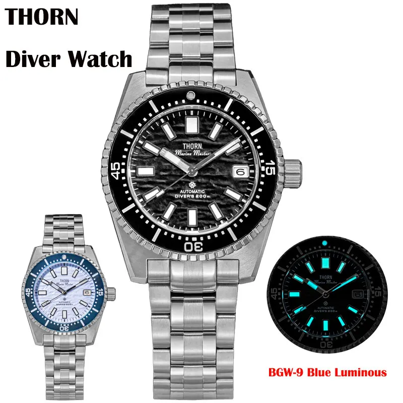 

Thorn Men's Diver Watch 40mm Black Wave Dial Sapphire Ceramic Bezel NH35 Automatic Movement 20Bar Waterproof BGW-9 Blue Lumed