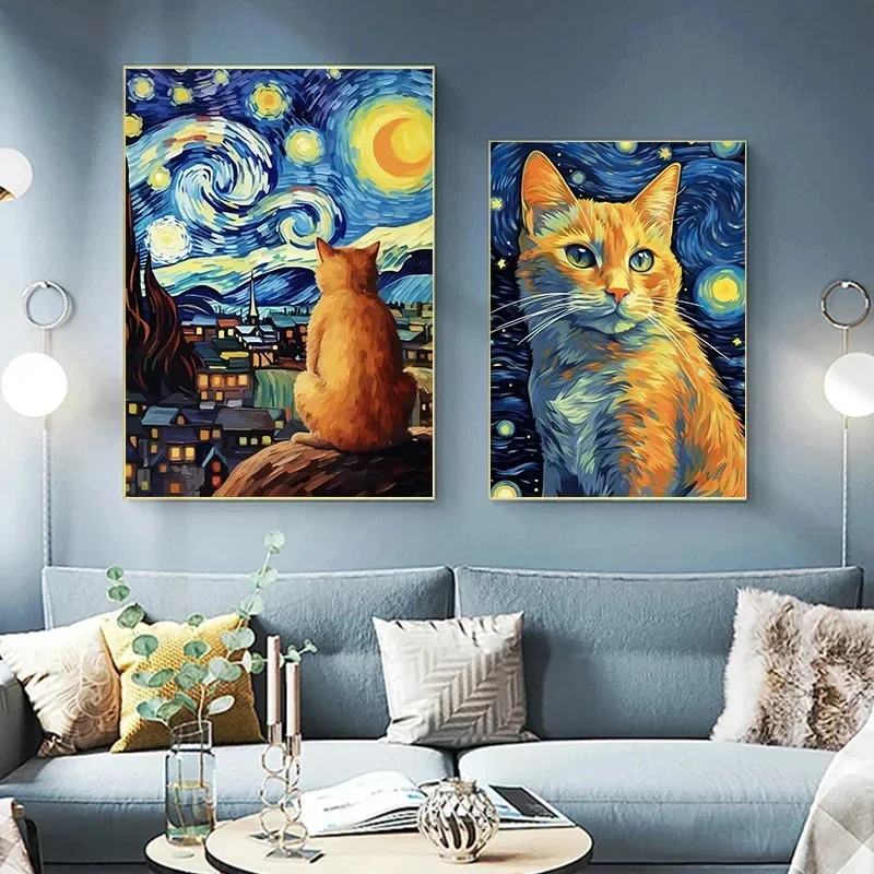 Vintage Orange Cat Black Cat Golden Retriever Look Moonlight Abstract Picture Canvas Print Art Poster Wall Decor Home Decor