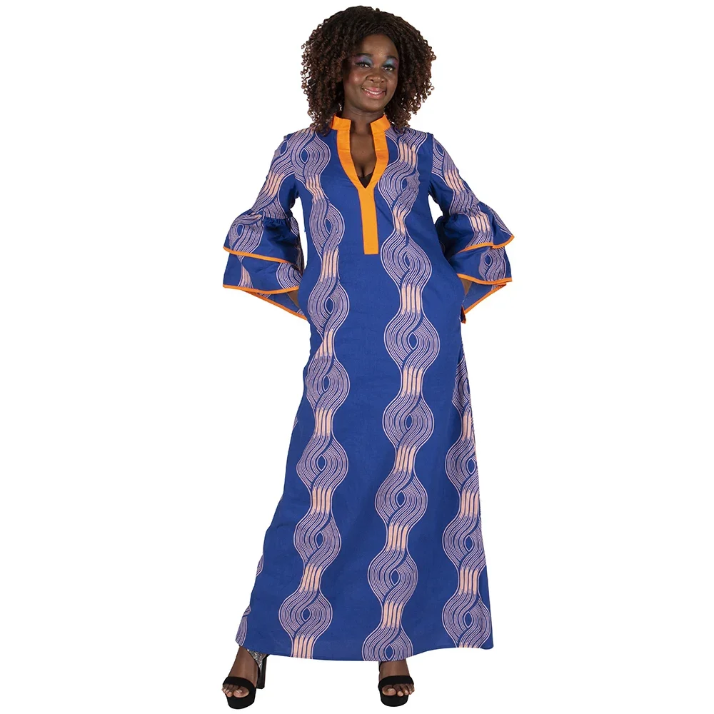 African Print Long Dresses for Women Cotton Ruffles Long Sleeve Dresses Vestidos African Design Church Causal Clothing WY3472