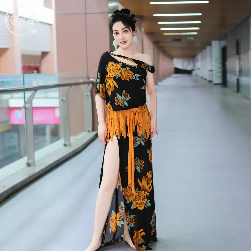 カスタマイズされた女性ベリーダンス衣装ドレス水ガーゼプリント東部ダンスパフォーマンス衣装スプリットワンピースローブ