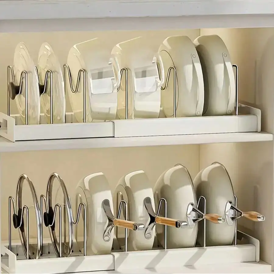

1pc Adjustable Metal Pot Storage Rack Pull-Out Organizer for Pots Pans & Lids