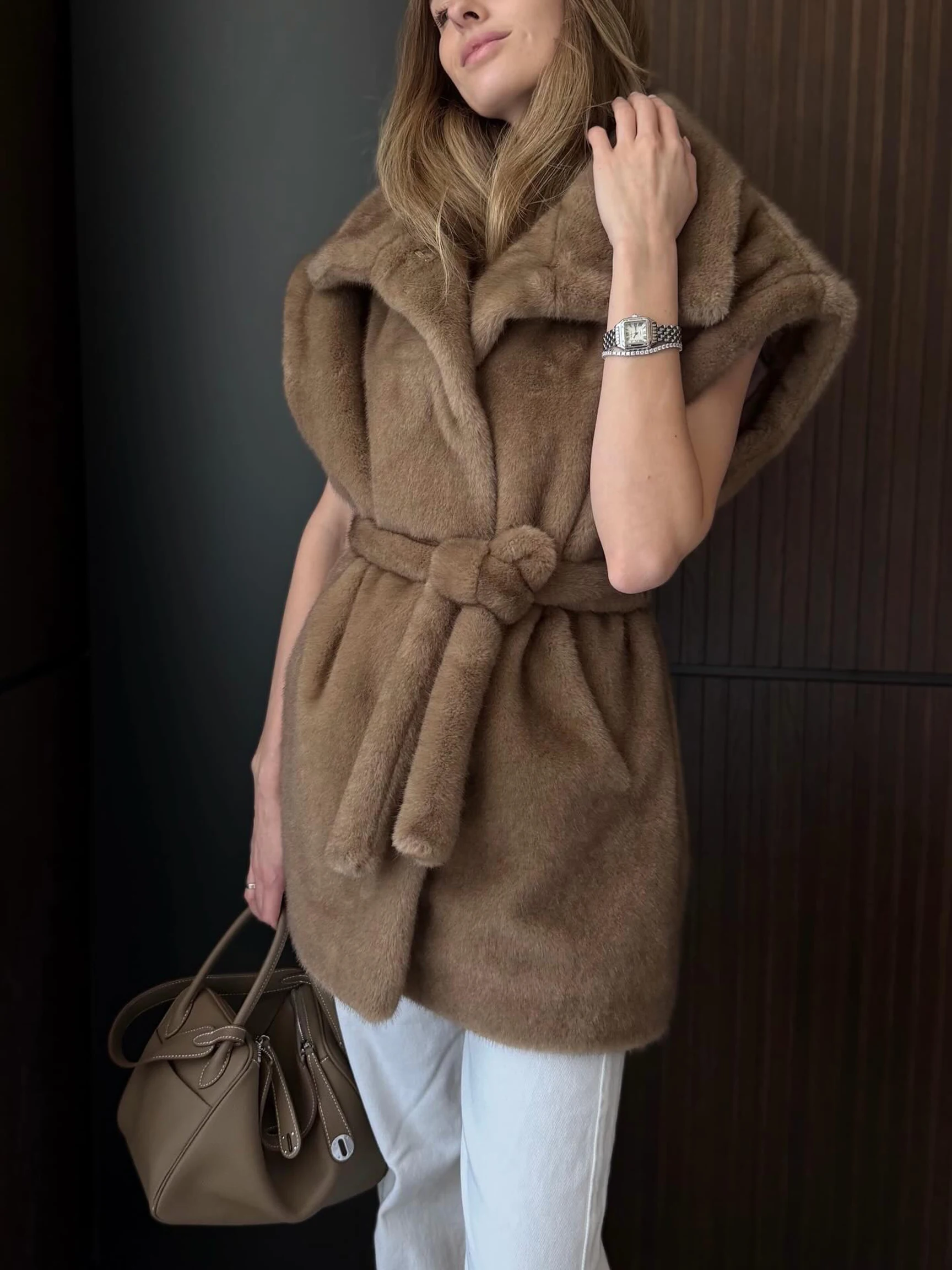 LIMO Women Lapel Faux Mink Fur Vest Belted Sleeveless Fluffy Furry Mid Length Waistcoat Outerwear