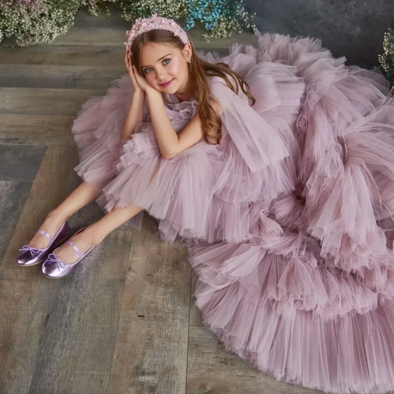 Vestidos de flores para niña, tul blanco y rosa escalonado con cola larga, manga corta para boda, fiesta de cumpleaños, banquete, vestidos de princesa