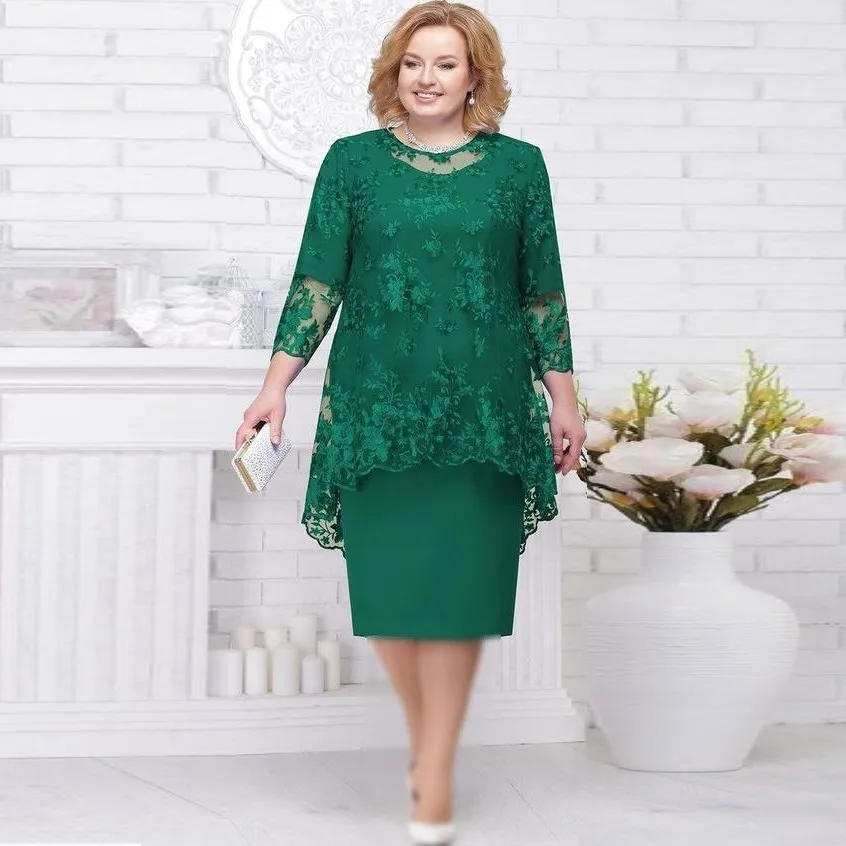 2 Piece Sets 2023 Spring Autumn Vintage Floral Lace Dresses Oversize 4XL 5XL Women Elegant O Neck Party Midi Dress Vestidos