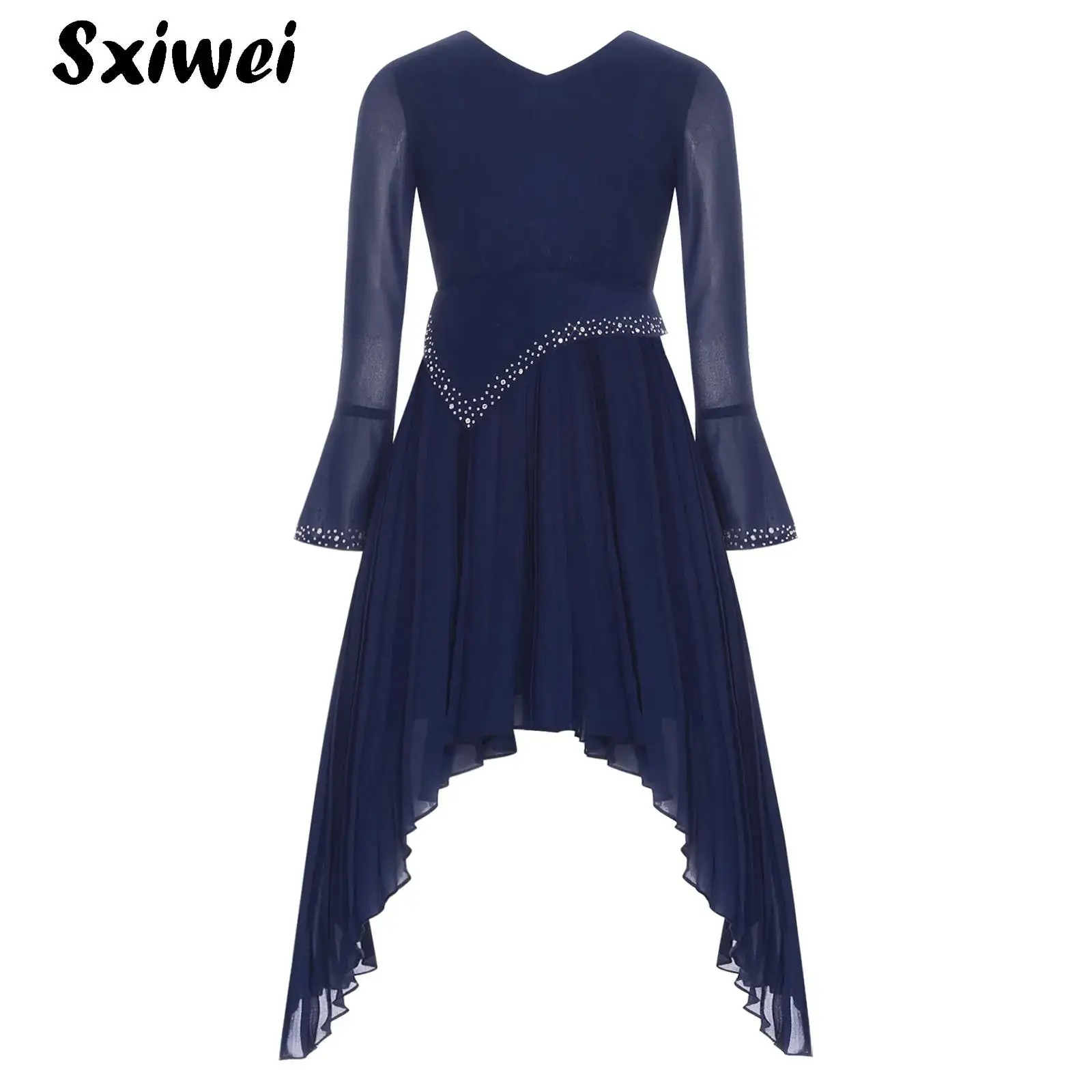 

Girls Elegant Off Long Sleeve High Waist Irregular Pleated Chiffon Bridesmaid Dress Rhinestone Party Ball Gowns Junior Clothes