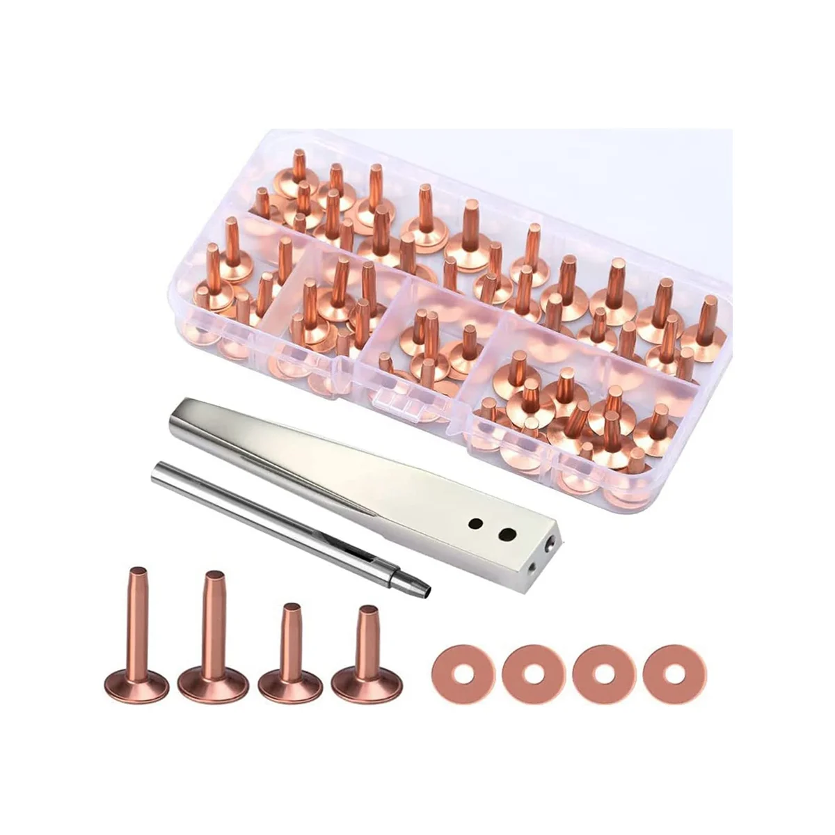 42Pcs Copper Rivets and Burrs Set,Leather Rivets Fastener Install Setting Tool with Hole Punch Cutter for Belts Wallets