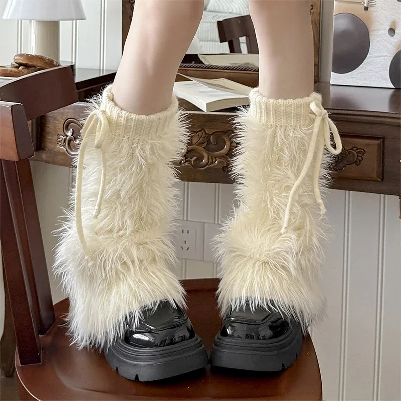 

Y2K Faux Rabbit Fur Leg Warmers Winter Thickened Plush Bow Tie Plush Leggings Cold Protective Leggings Boot Cover Punk Socks