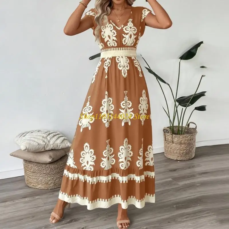 N5KE Dresses for Women Beach Fashion Floral Short Sleeve V Neck  Long Wedding Guest Maxi Dress Spring