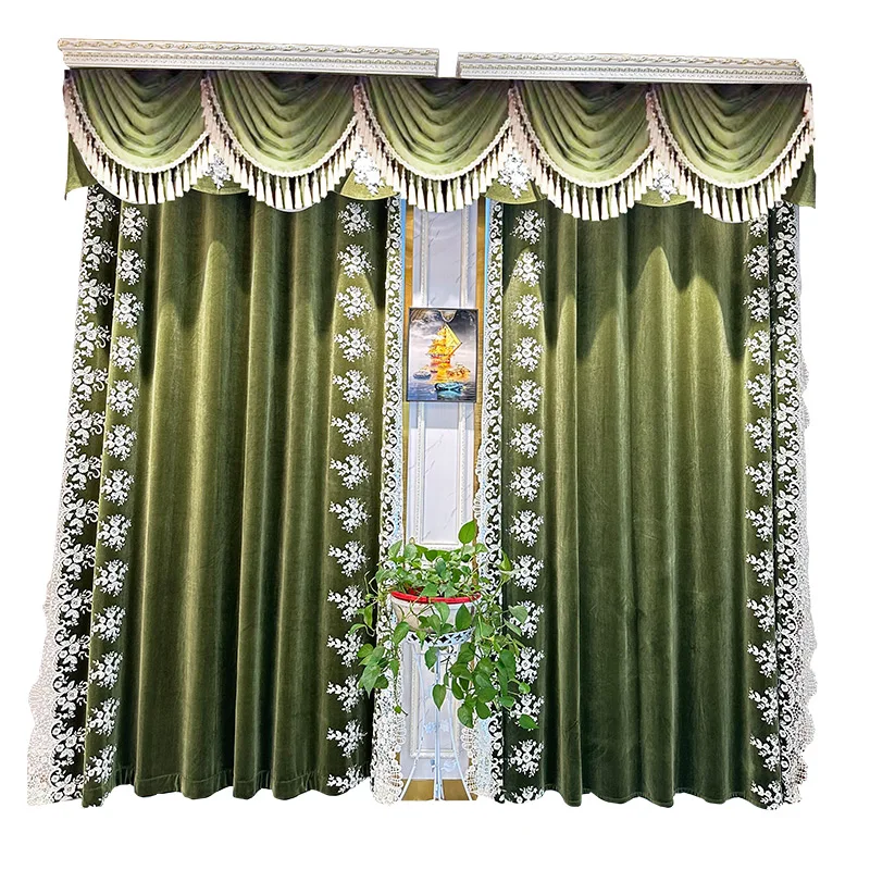 Custom Upscale American bedroom  retro olive green embroidered thick velvet cloth valance blackout curtain tulle drape C1934