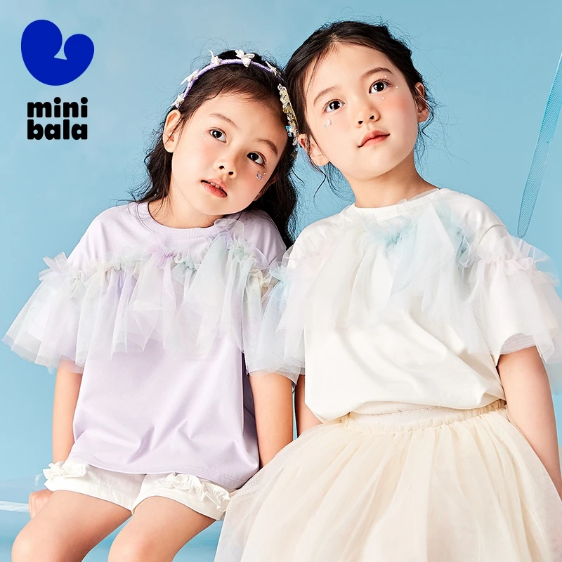 Mini Bala T-Shirt Girls Short Sleeve T-Shirt 2024 Summer New Baby Quick-Dry Antibacterial Sweet Tulle Children Top